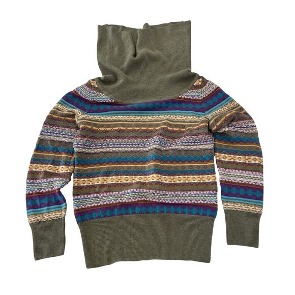 Athleta Shasta Cowl Neck Sweater Size L Fair Isle Nordic Olive Green Wool Blend - Picture 3 of 7